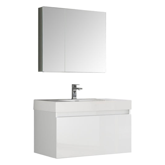 Fresca Mezzo 36" White Wall Hung Modern Bathroom Vanity w/ Medicine Cabinet