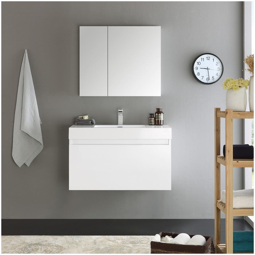 Fresca Mezzo 36" White Wall Hung Modern Bathroom Vanity w/ Medicine Cabinet