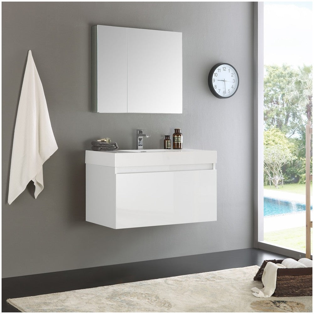 Fresca Mezzo 36" White Wall Hung Modern Bathroom Vanity w/ Medicine Cabinet