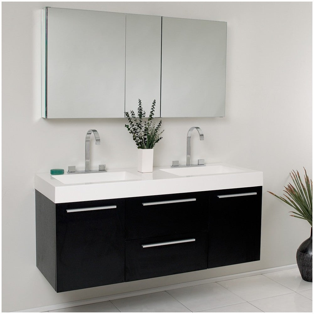 Fresca Opulento 54" Black Modern Double Sink Bathroom Vanity w/ Medicine Cabinet