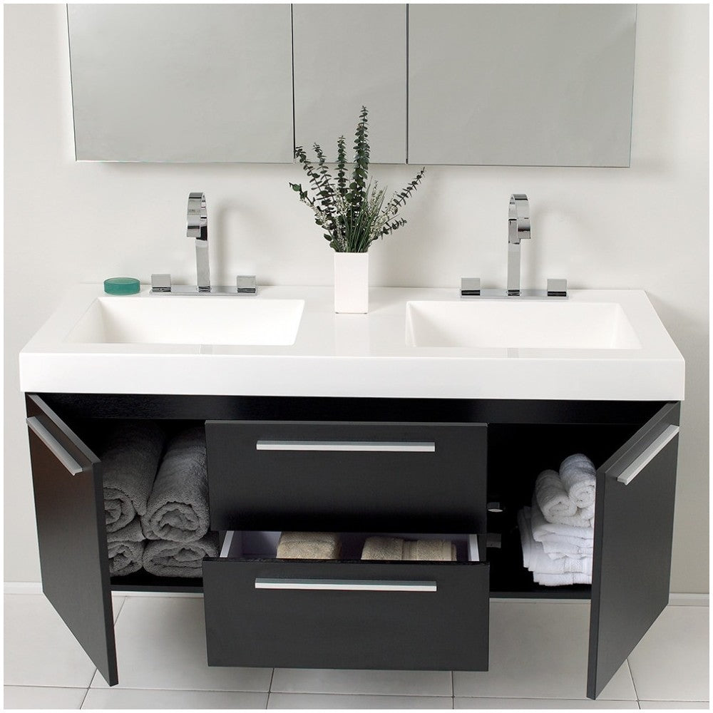 Fresca Opulento 54" Black Modern Double Sink Bathroom Vanity w/ Medicine Cabinet