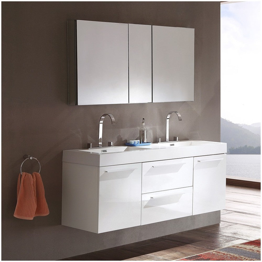 Fresca Opulento 54" White Modern Double Sink Bathroom Vanity w/ Medicine Cabinet