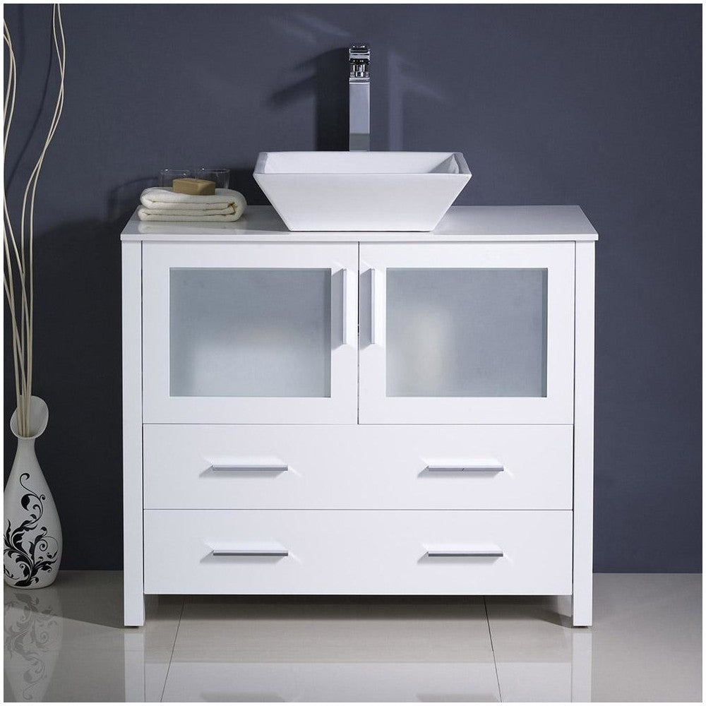 Fresca Torino 36" White Modern Bathroom Cabinet w/ Top & Vessel Sink