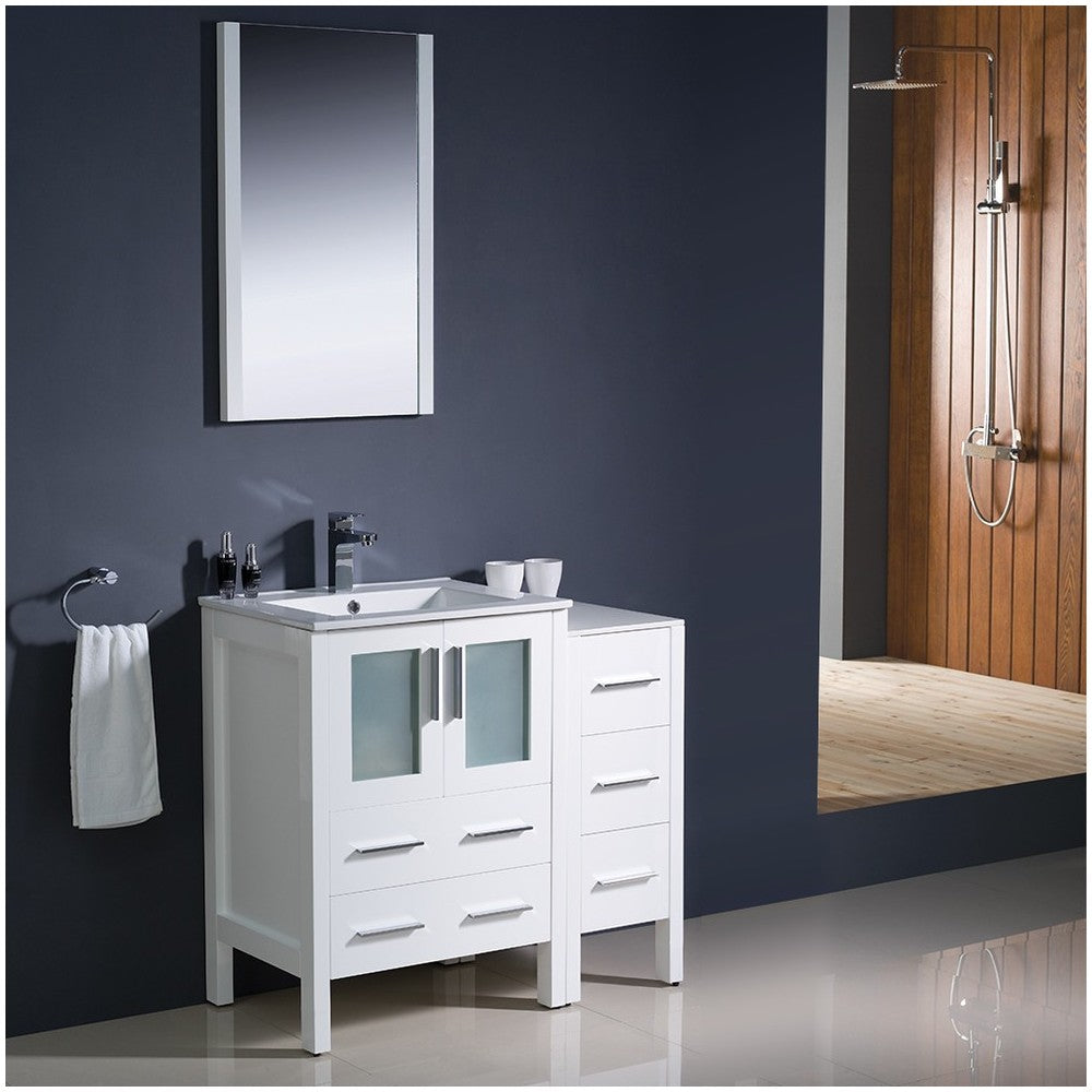 Fresca Torino 36" White Modern Bathroom Vanity w/ Side Cabinet & Integrated Sink