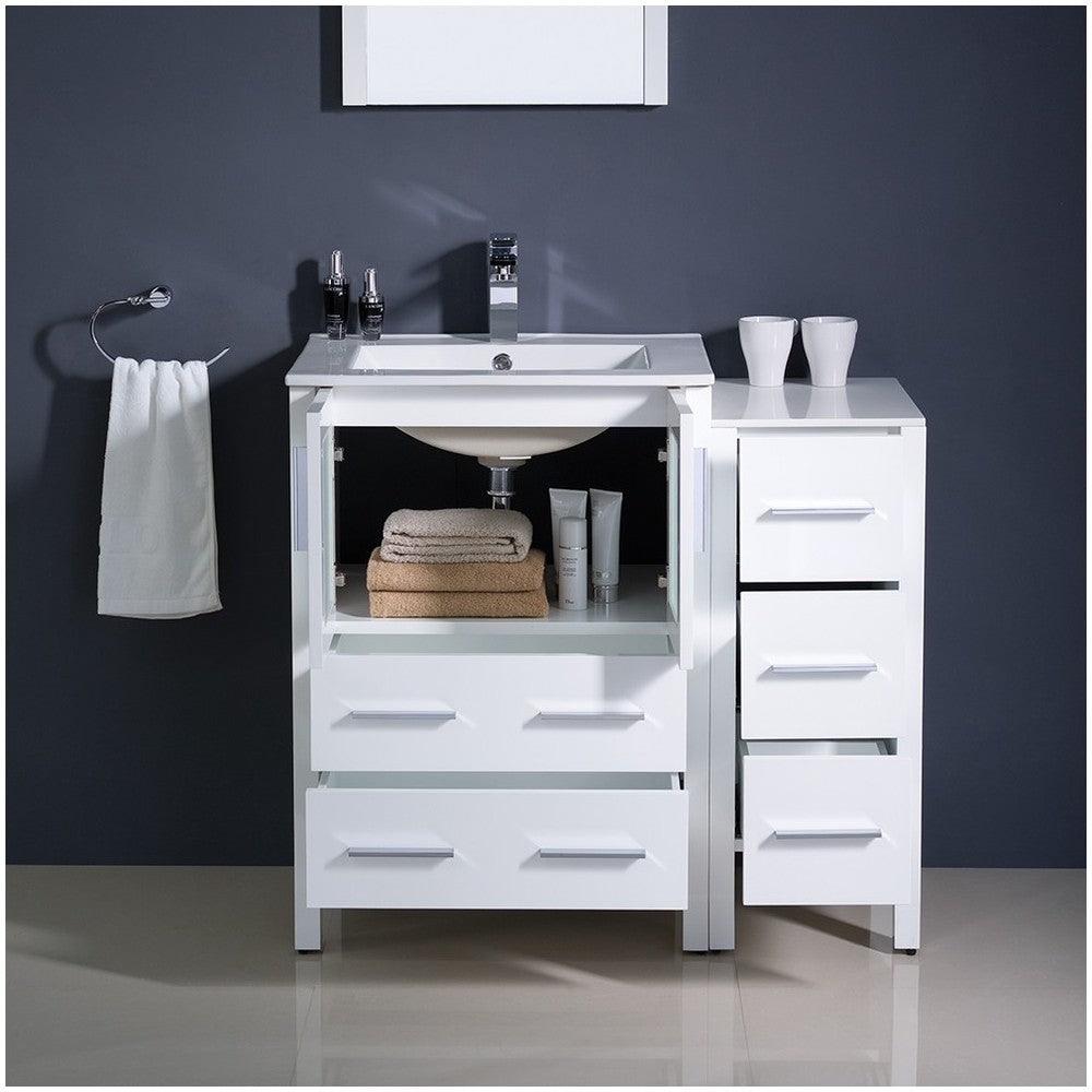 Fresca Torino 36" White Modern Bathroom Vanity w/ Side Cabinet & Integrated Sink