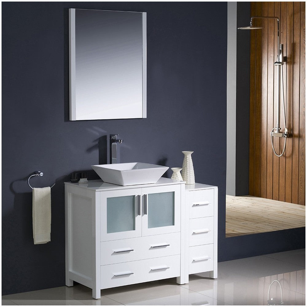 Fresca Torino 42" White Modern Bathroom Vanity w/ Side Cabinet & Vessel Sink