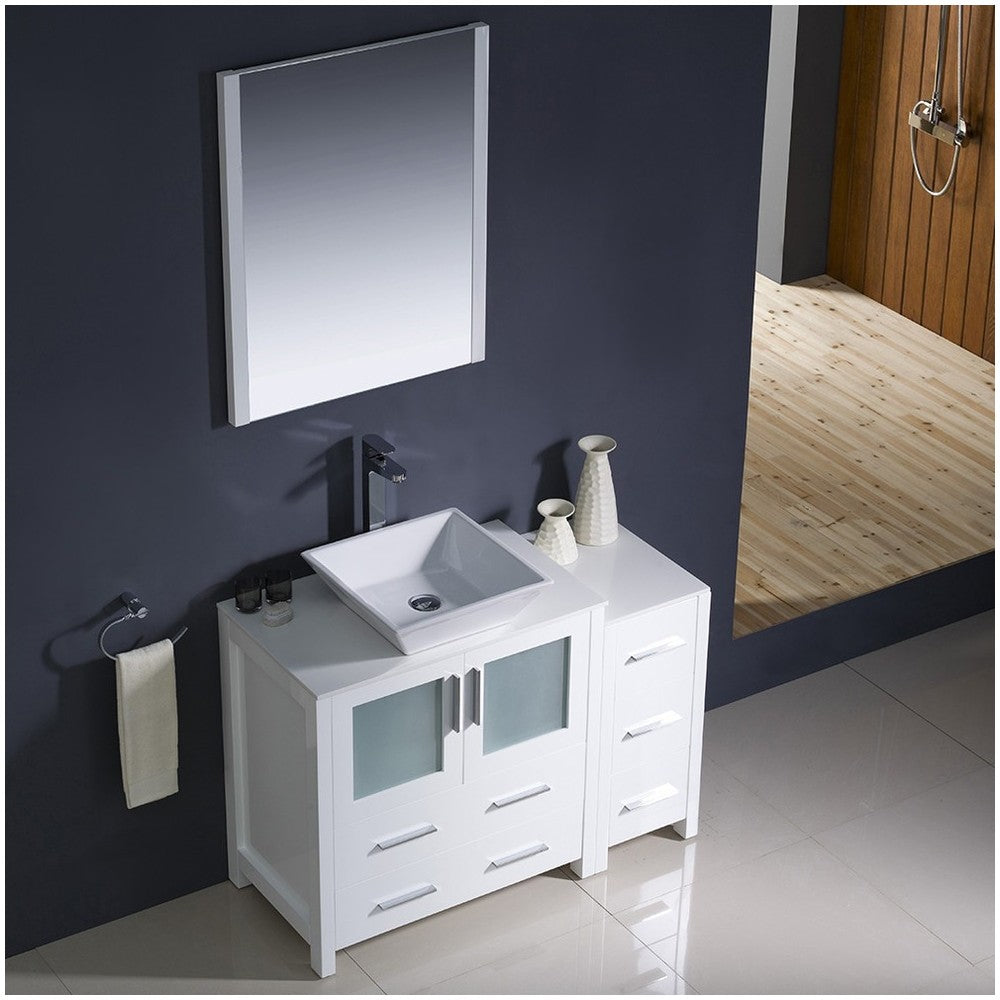 Fresca Torino 42" White Modern Bathroom Vanity w/ Side Cabinet & Vessel Sink