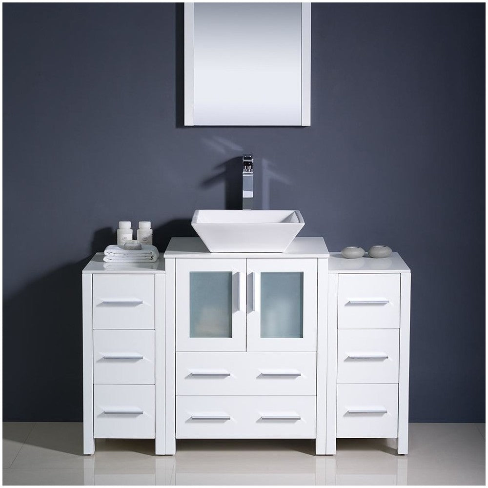 Fresca Torino 48" White Modern Bathroom Vanity w/ 2 Side Cabinets & Vessel Sink