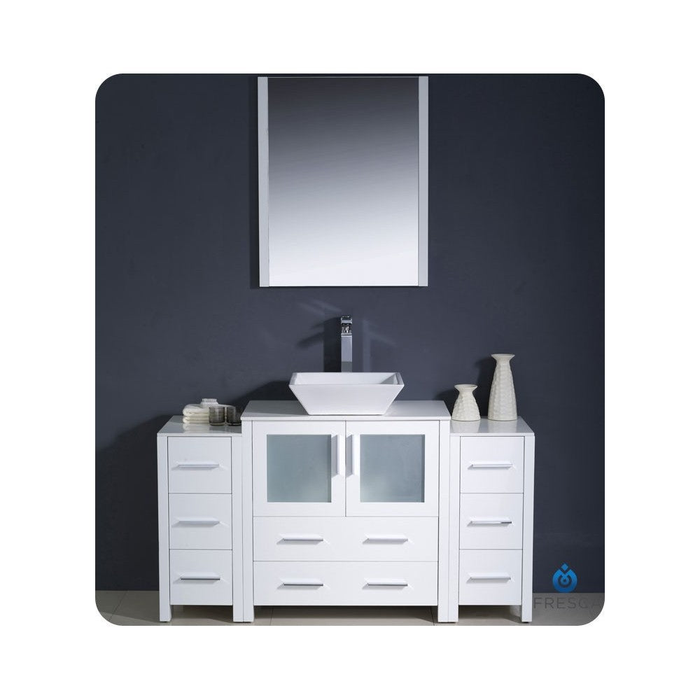 Fresca Torino 54" White Modern Bathroom Vanity w/ 2 Side Cabinets & Vessel Sink