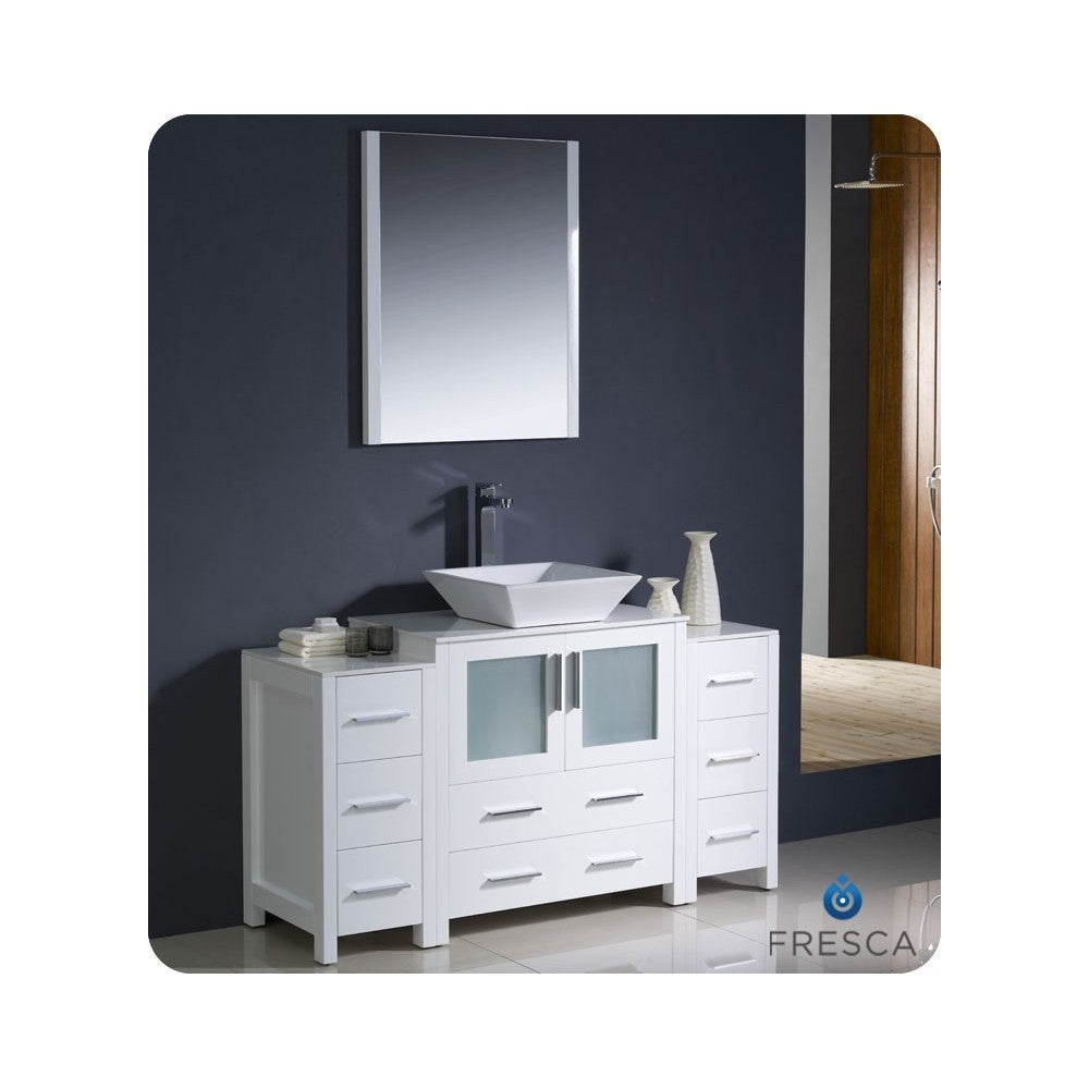 Fresca Torino 54" White Modern Bathroom Vanity w/ 2 Side Cabinets & Vessel Sink