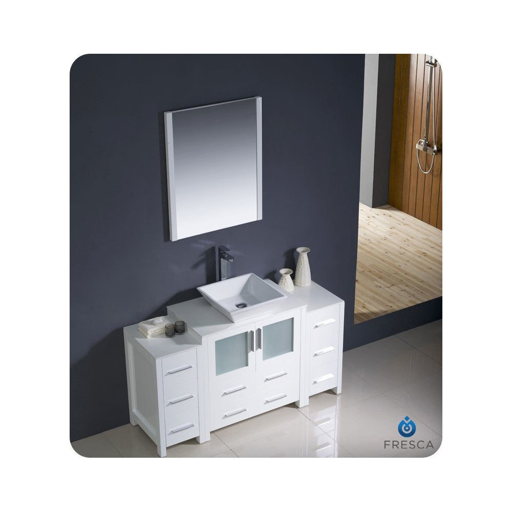 Fresca Torino 54" White Modern Bathroom Vanity w/ 2 Side Cabinets & Vessel Sink