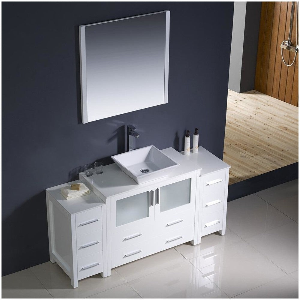 Fresca Torino 60" White Modern Bathroom Vanity w/ 2 Side Cabinets & Vessel Sink