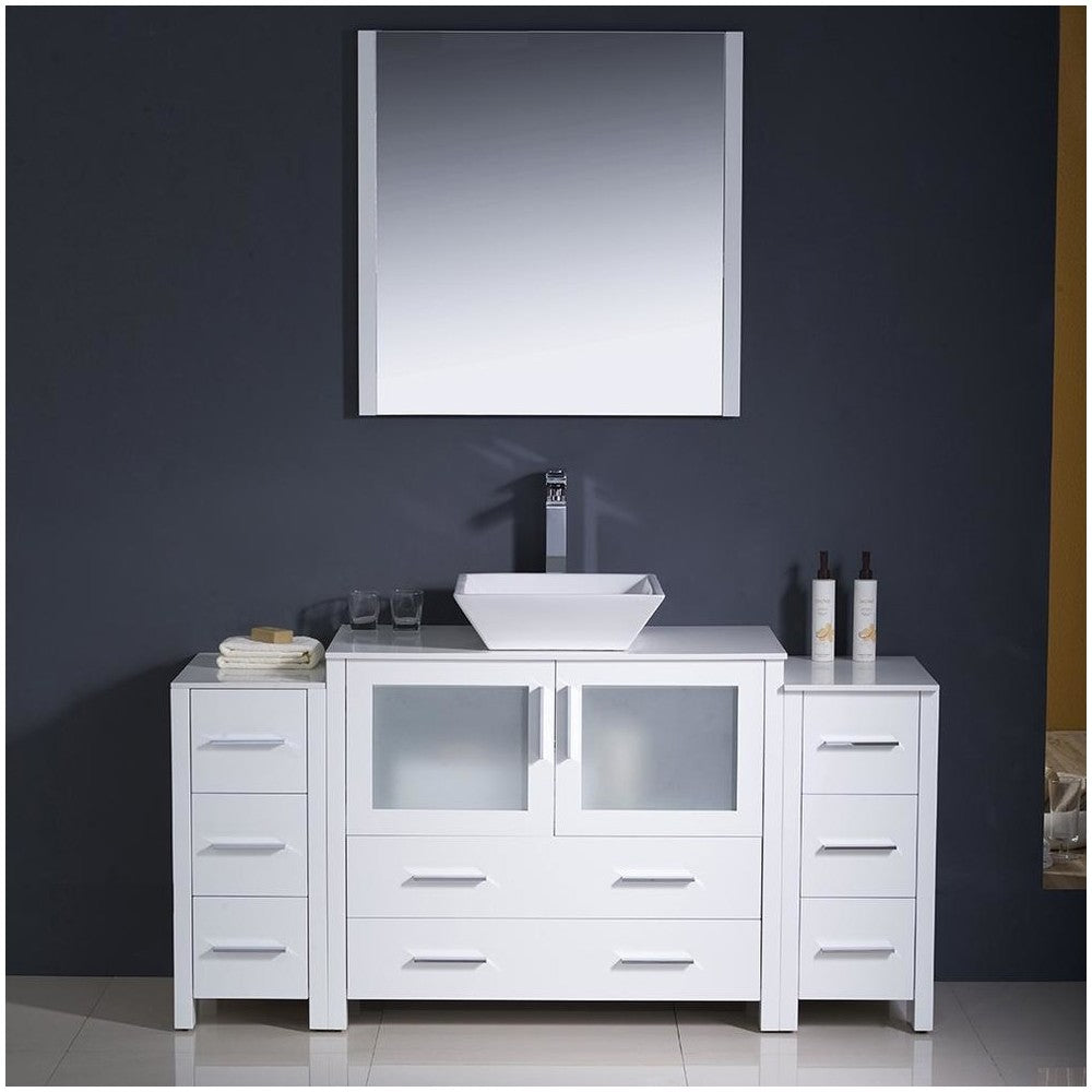 Fresca Torino 60" White Modern Bathroom Vanity w/ 2 Side Cabinets & Vessel Sink