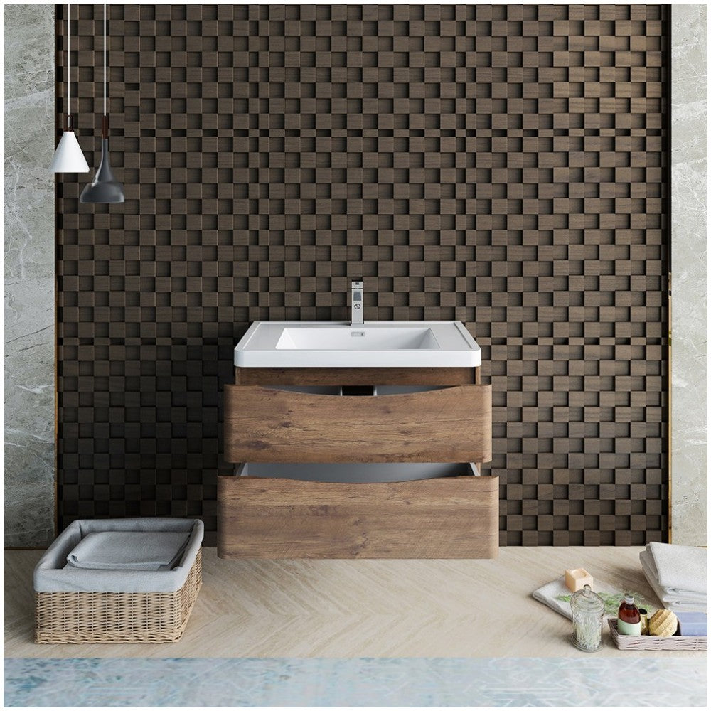 Fresca Tuscany 32" Rosewood Wall Hung Modern Bathroom Cabinet w/ Integrated Sink
