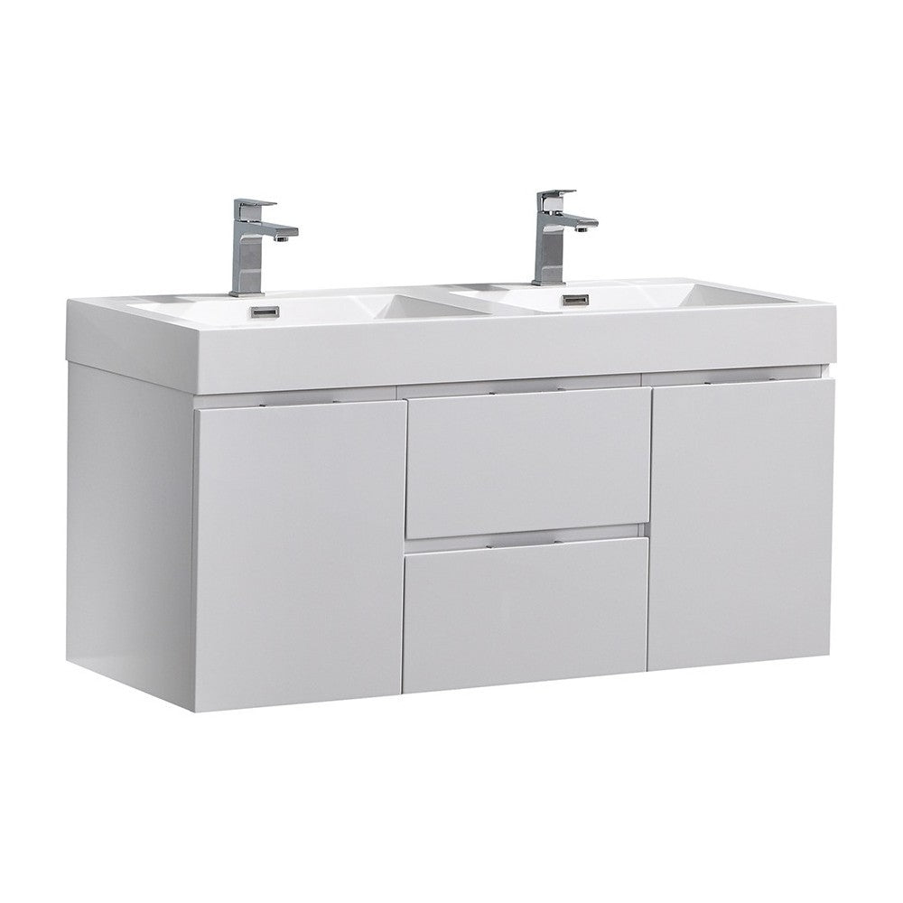 Fresca Valencia 48" Glossy White Wall Hung Double Sink Modern Bathroom Vanity