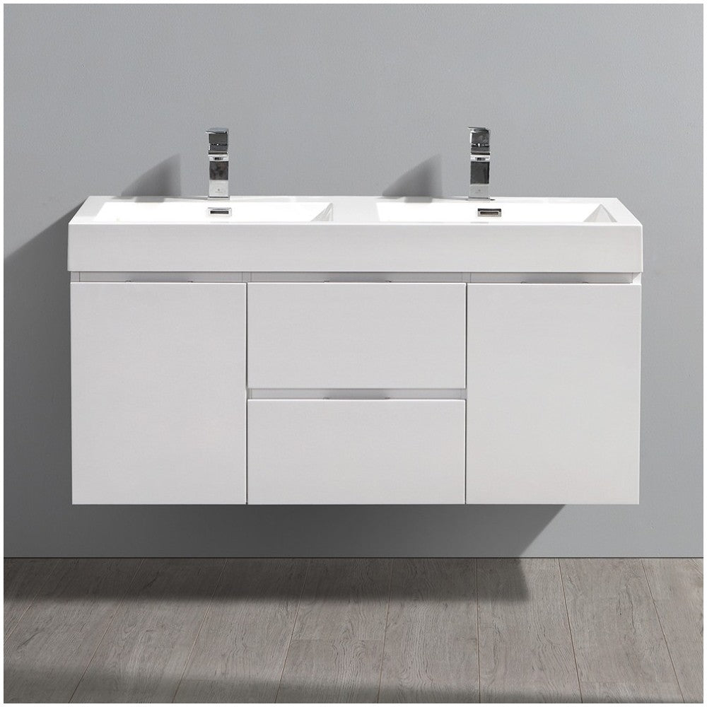 Fresca Valencia 48" Glossy White Wall Hung Double Sink Modern Bathroom Vanity