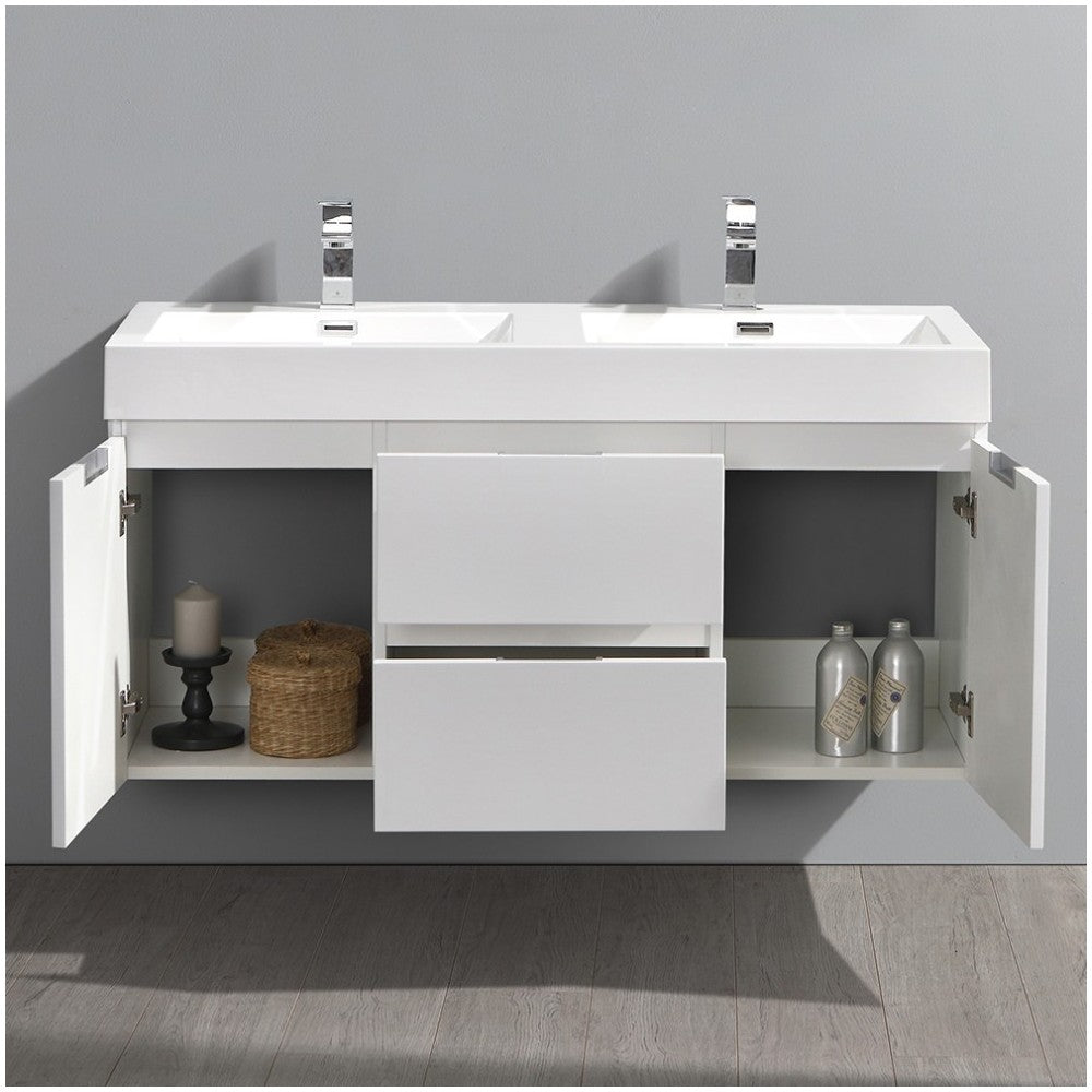 Fresca Valencia 48" Glossy White Wall Hung Double Sink Modern Bathroom Vanity