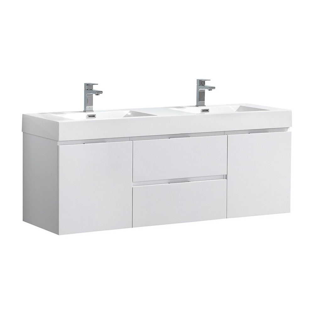 Fresca Valencia 60" Glossy White Wall Hung Double Sink Modern Bathroom Vanity