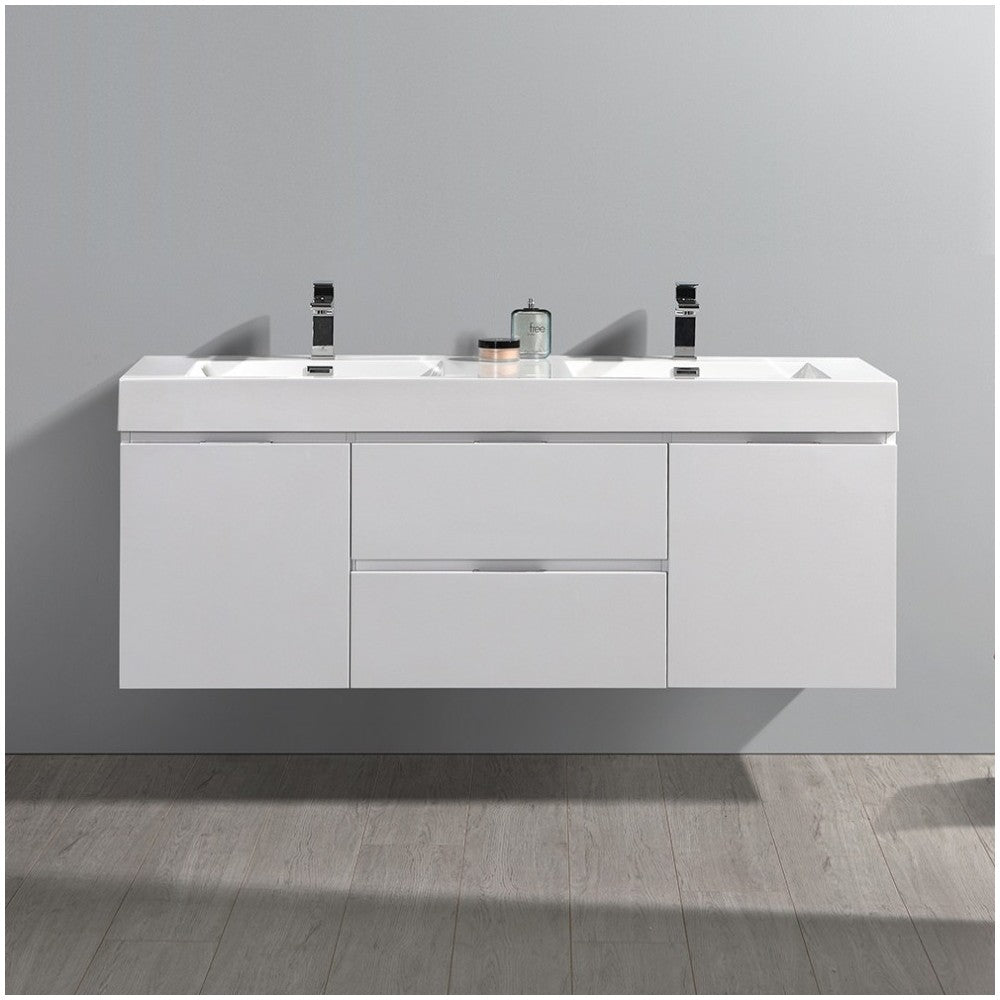 Fresca Valencia 60" Glossy White Wall Hung Double Sink Modern Bathroom Vanity