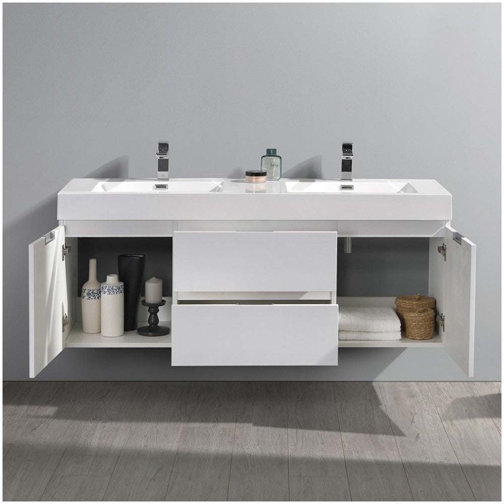 Fresca Valencia 60" Glossy White Wall Hung Double Sink Modern Bathroom Vanity