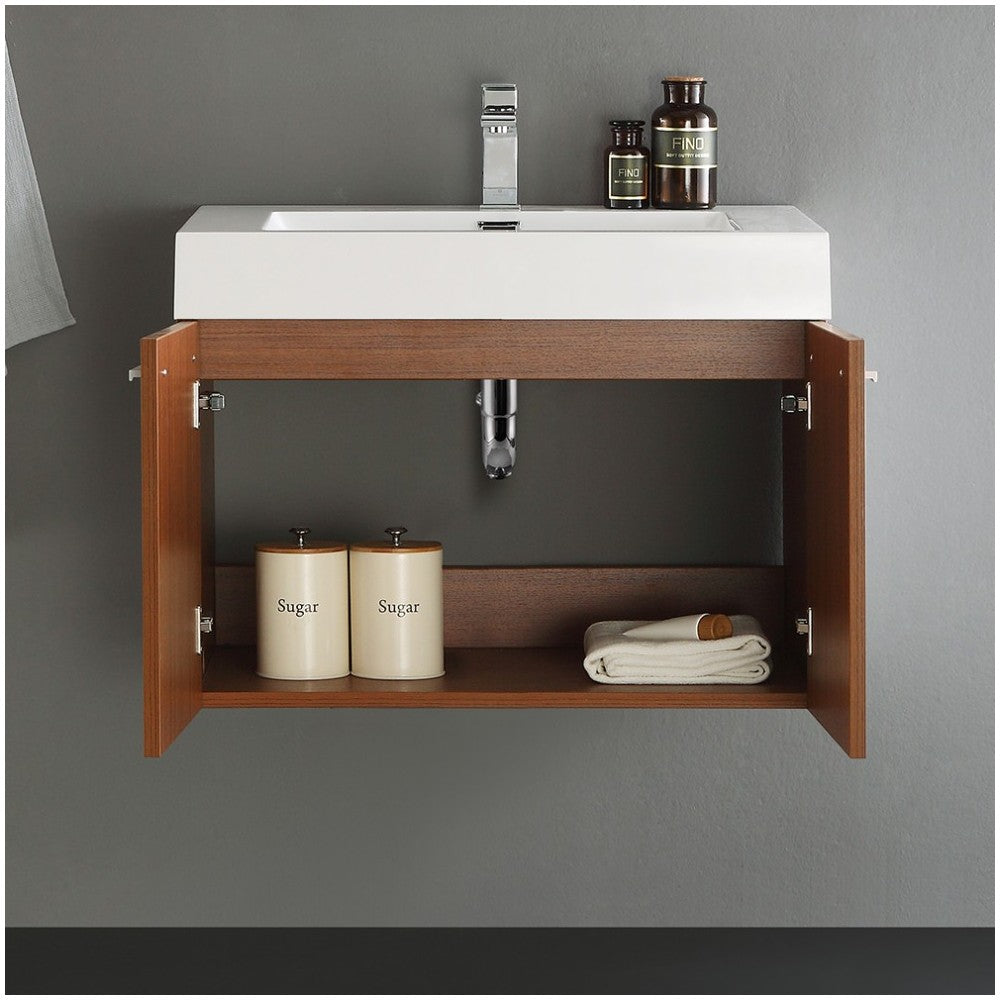 Fresca Vista 30" Teak Wall Hung Modern Bathroom Cabinet w/ Integrated Sink