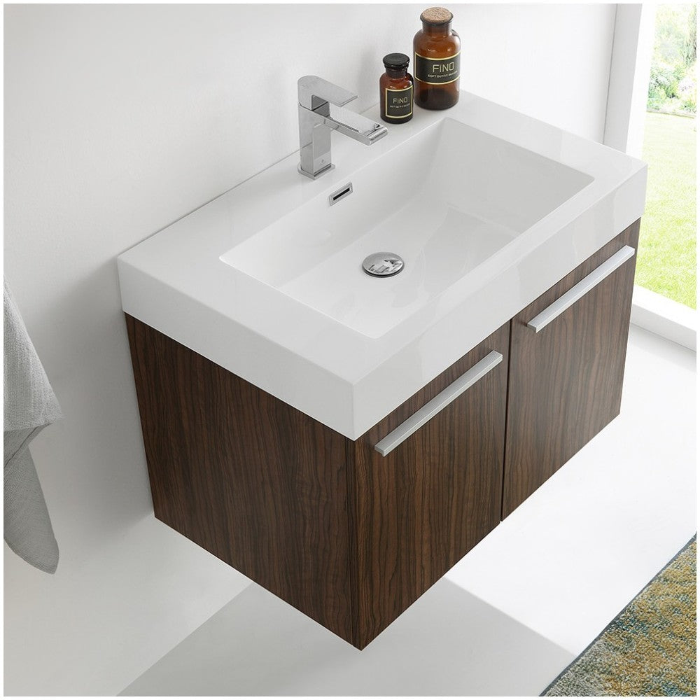 Fresca Vista 30" Walnut Wall Hung Modern Bathroom Cabinet w/ Integrated Sink