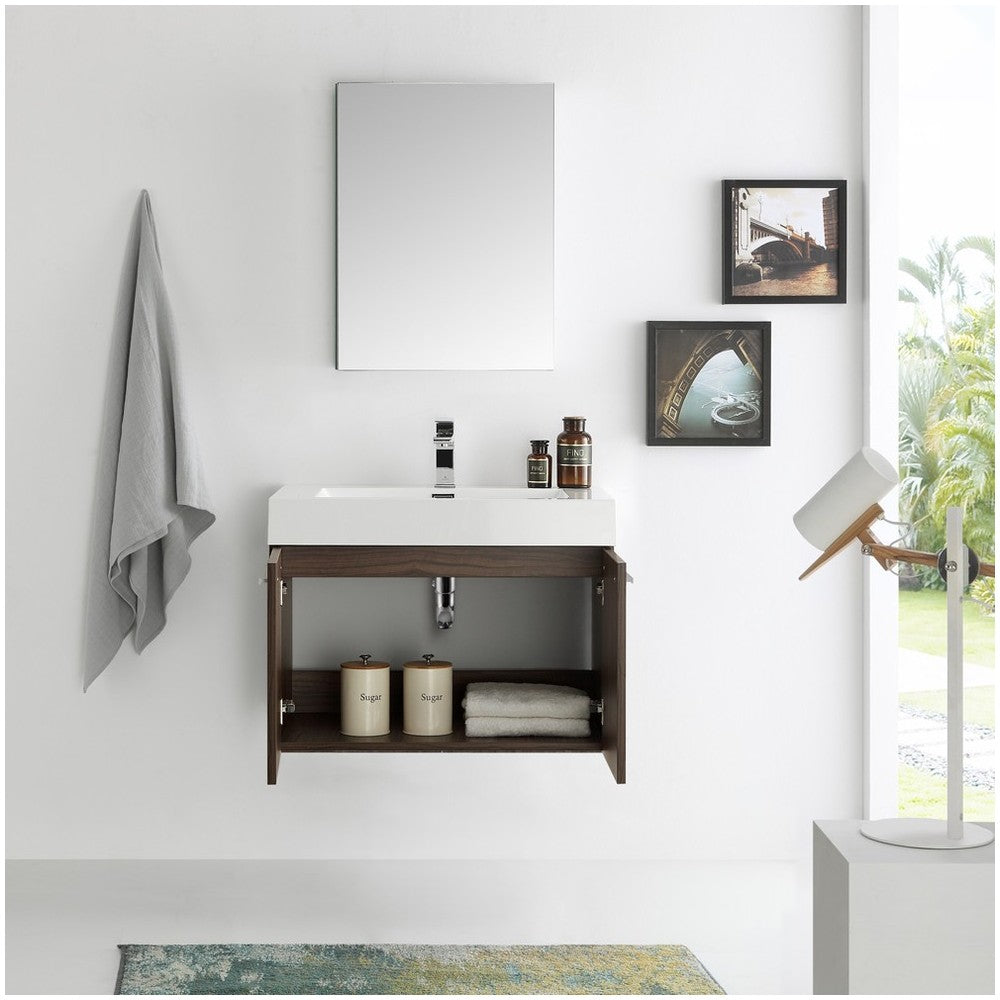 Fresca Vista 30" Walnut Wall Hung Modern Bathroom Vanity w/ Medicine Cabinet