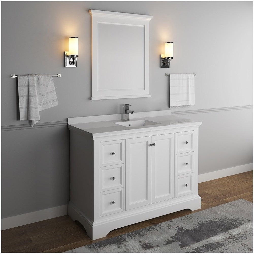 Fresca Windsor 48" Matte White Traditional Bathroom Vanity w/ Mirror