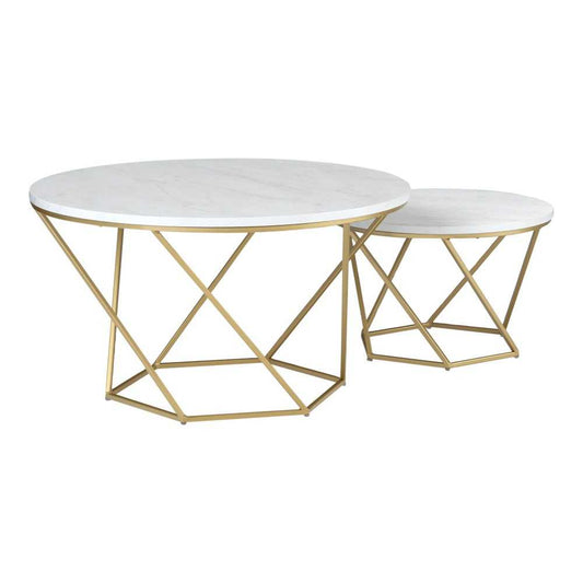 Geometric Modern Nesting Coffee Table Set - Faux White Marble/Gold