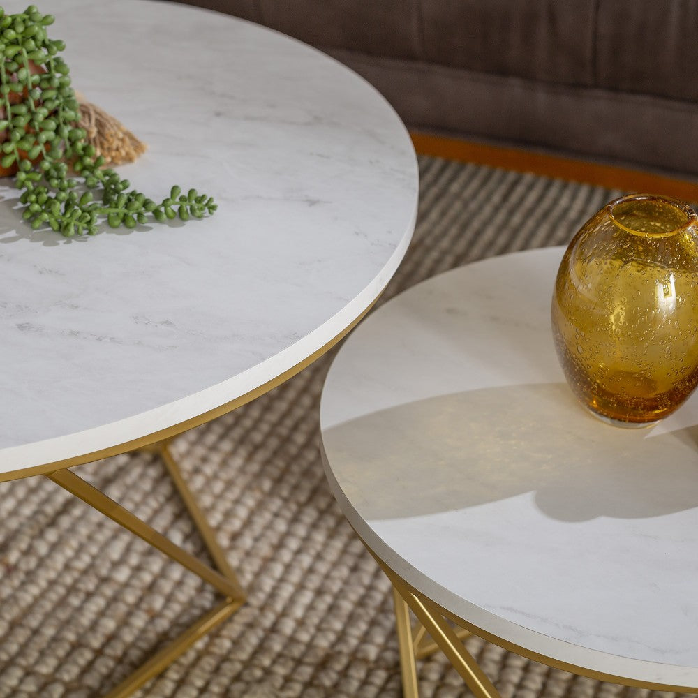 Geometric Modern Nesting Coffee Table Set - Faux White Marble/Gold