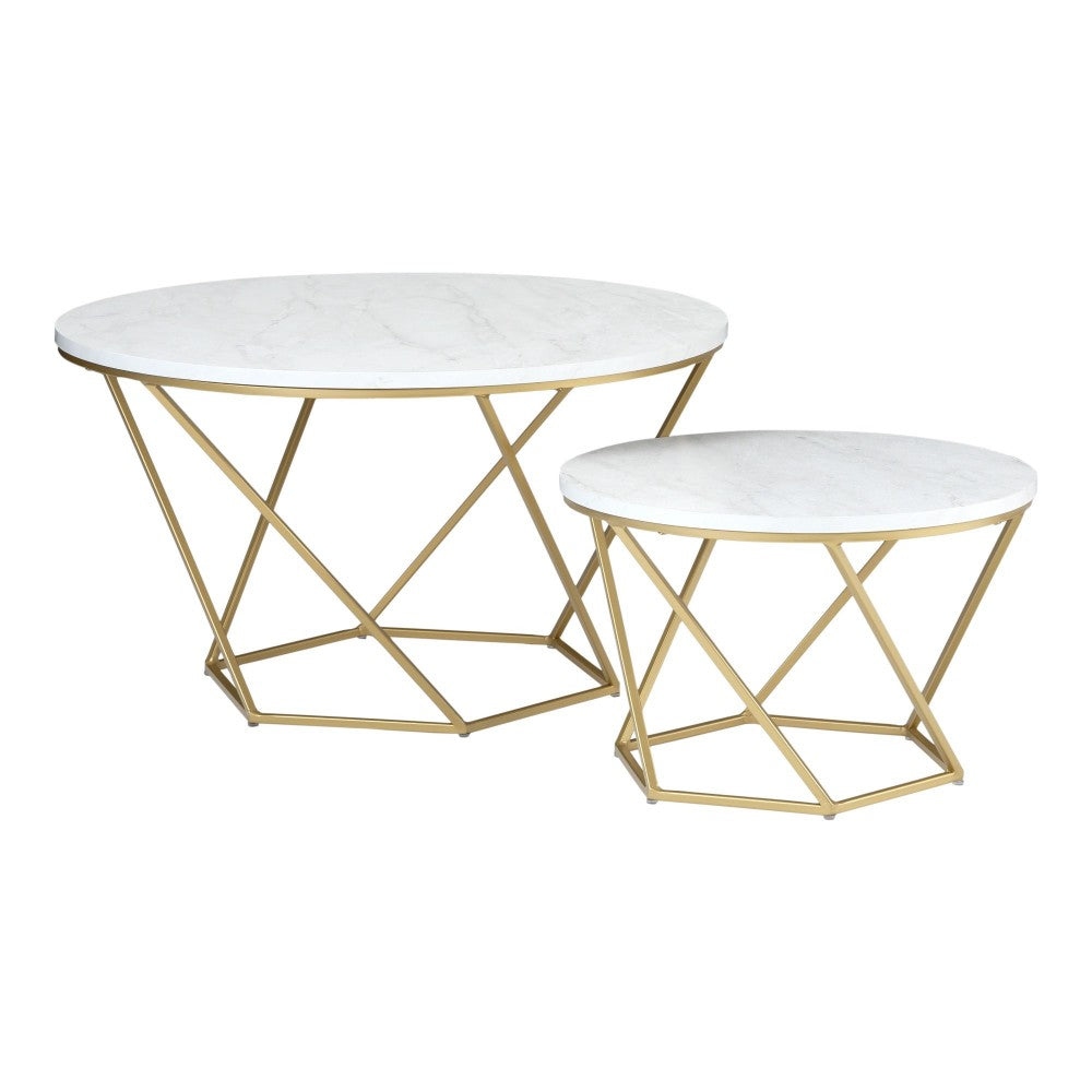 Geometric Modern Nesting Coffee Table Set - Faux White Marble/Gold