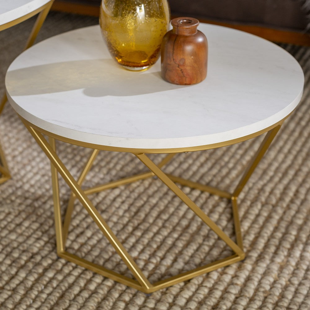 Geometric Modern Nesting Coffee Table Set - Faux White Marble/Gold