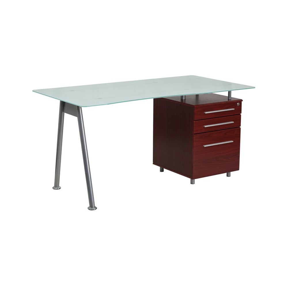 Glass Computer Desk with Mahogany Three Drawer Pedestal