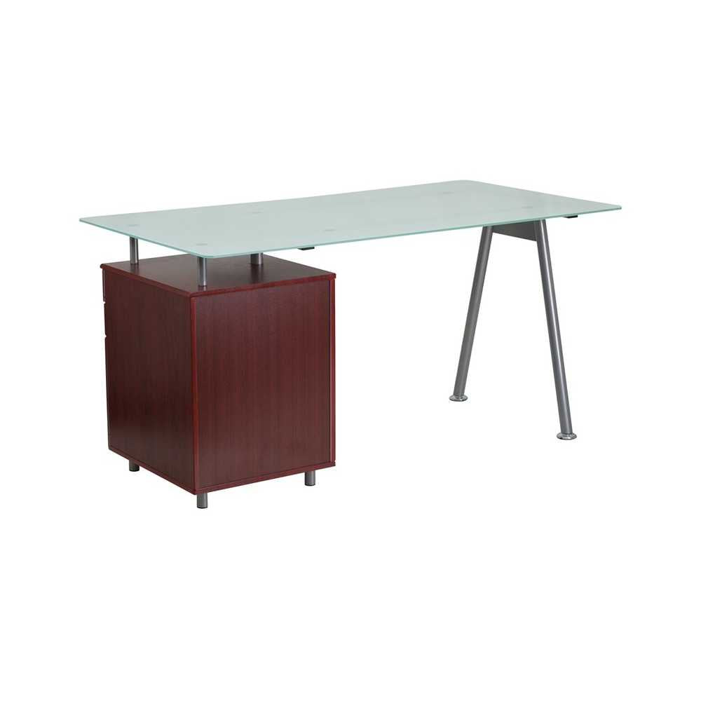 Glass Computer Desk with Mahogany Three Drawer Pedestal