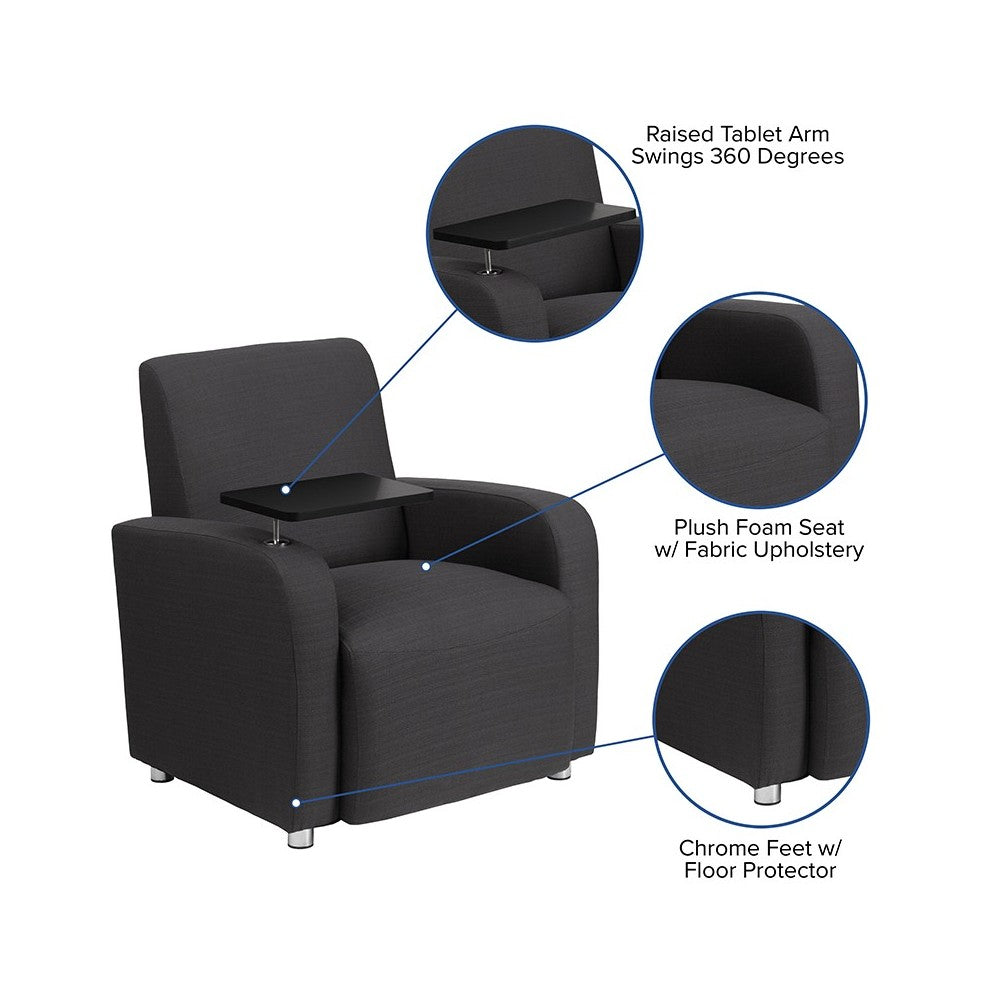 Gray Fabric Guest Chair with Tablet Arm and Chrome Legs
