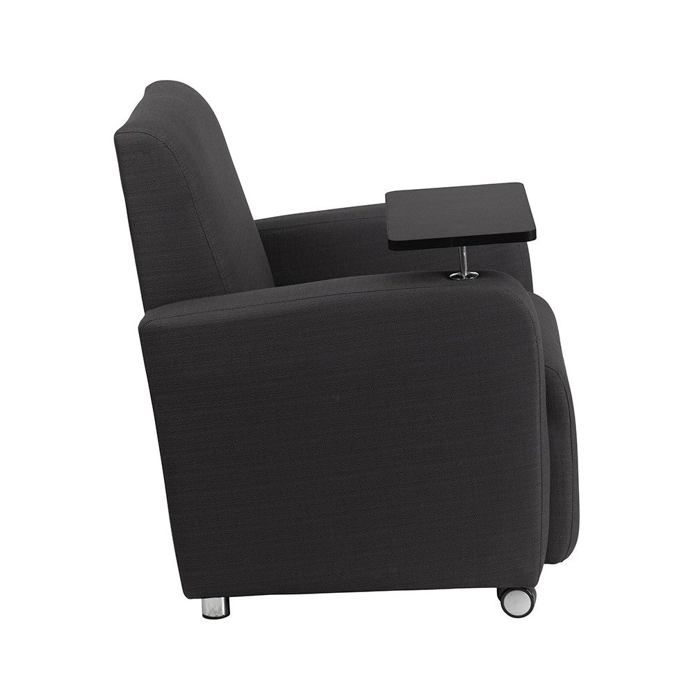 Gray Fabric Guest Chair with Tablet Arm and Front Wheel Casters
