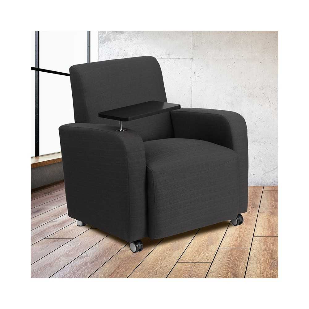 Gray Fabric Guest Chair with Tablet Arm and Front Wheel Casters