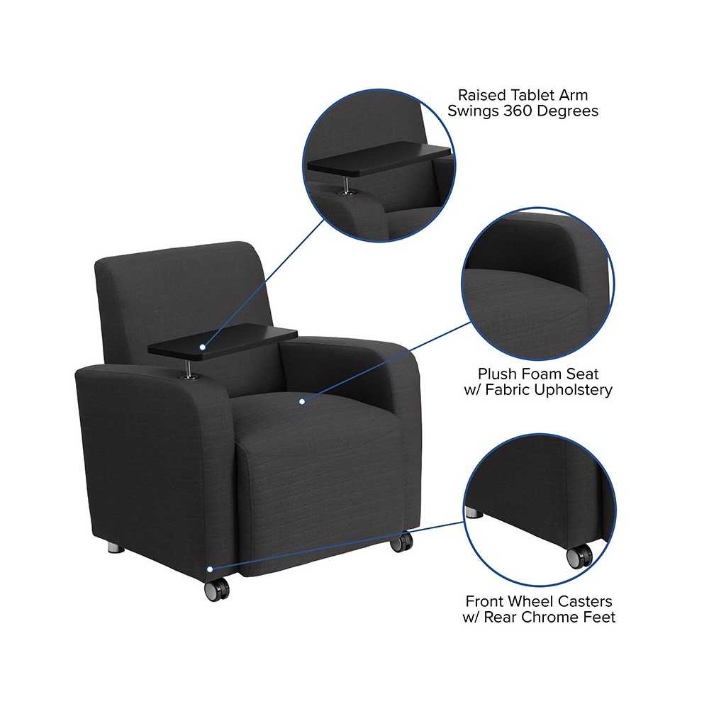 Gray Fabric Guest Chair with Tablet Arm and Front Wheel Casters