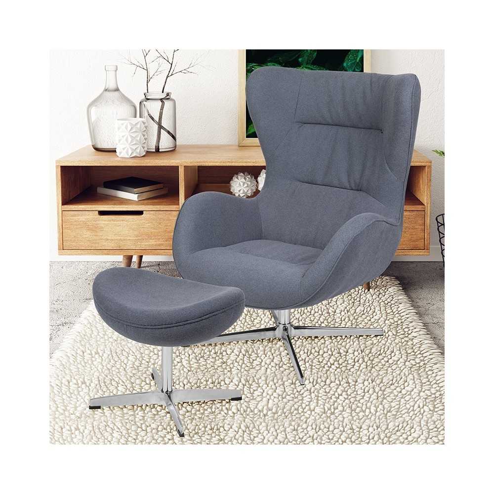 Gray Fabric Swivel Wing Chair and Ottoman Set