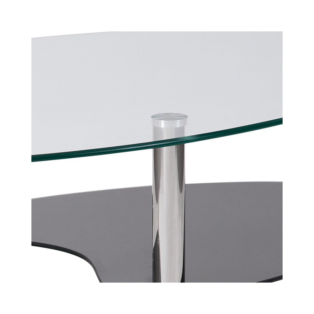 Hampden Glass Coffee Table with Black Glass Shelves and Stainless Steel Legs