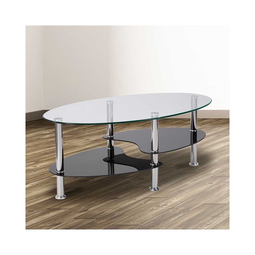 Hampden Glass Coffee Table with Black Glass Shelves and Stainless Steel Legs