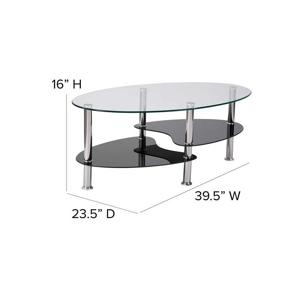 Hampden Glass Coffee Table with Black Glass Shelves and Stainless Steel Legs