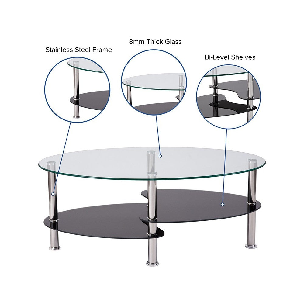 Hampden Glass Coffee Table with Black Glass Shelves and Stainless Steel Legs