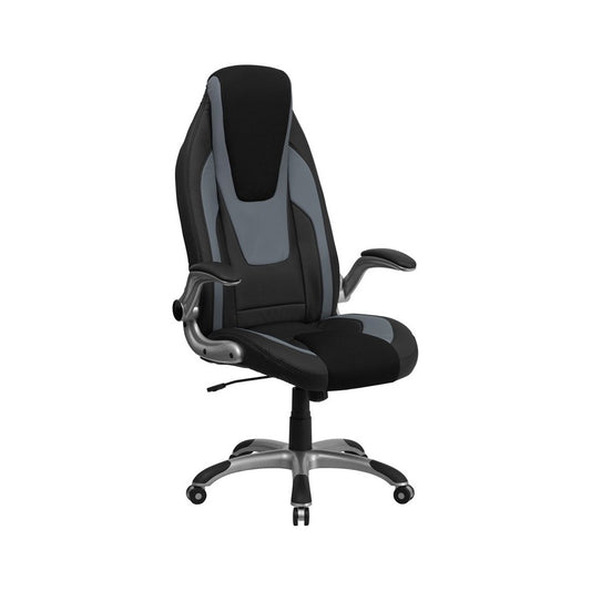 High Back Black and Gray Vinyl Executive Swivel Ergonomic Office Chair with Black Mesh Insets and Flip-Up Arms
