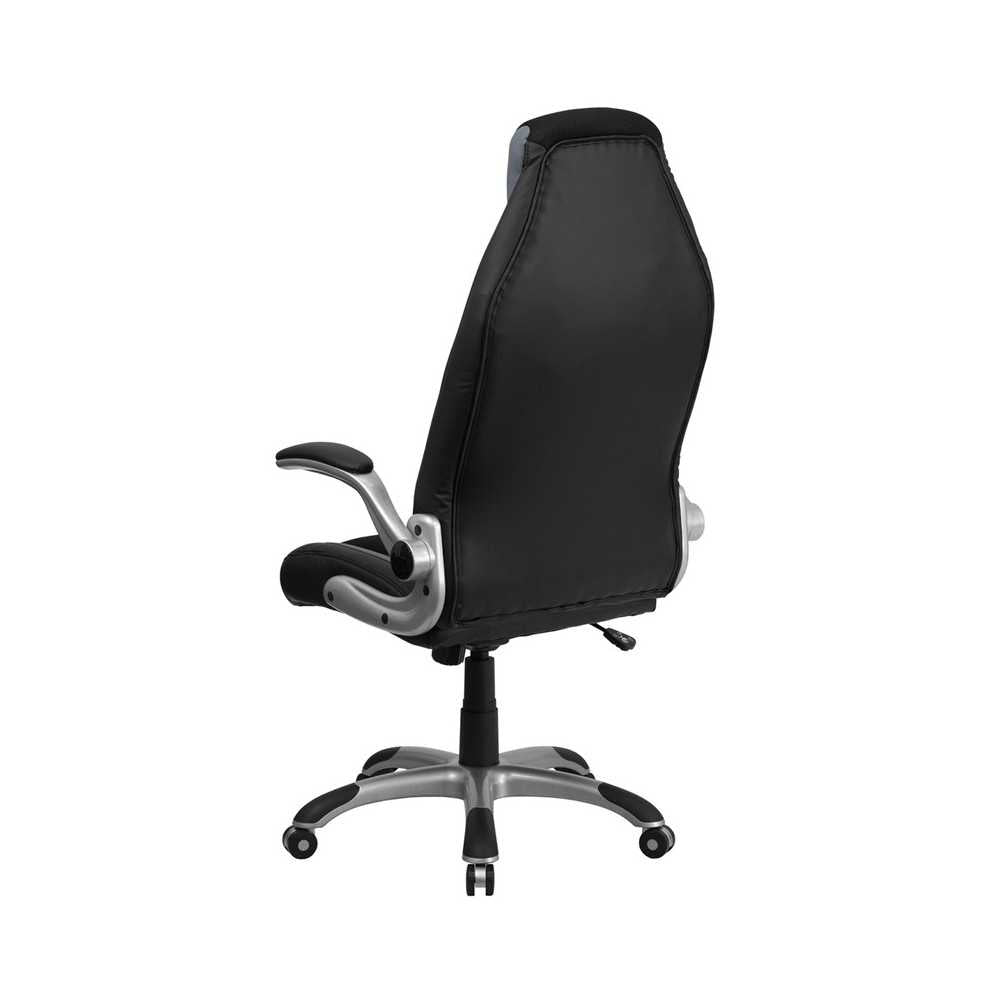 High Back Black and Gray Vinyl Executive Swivel Ergonomic Office Chair with Black Mesh Insets and Flip-Up Arms