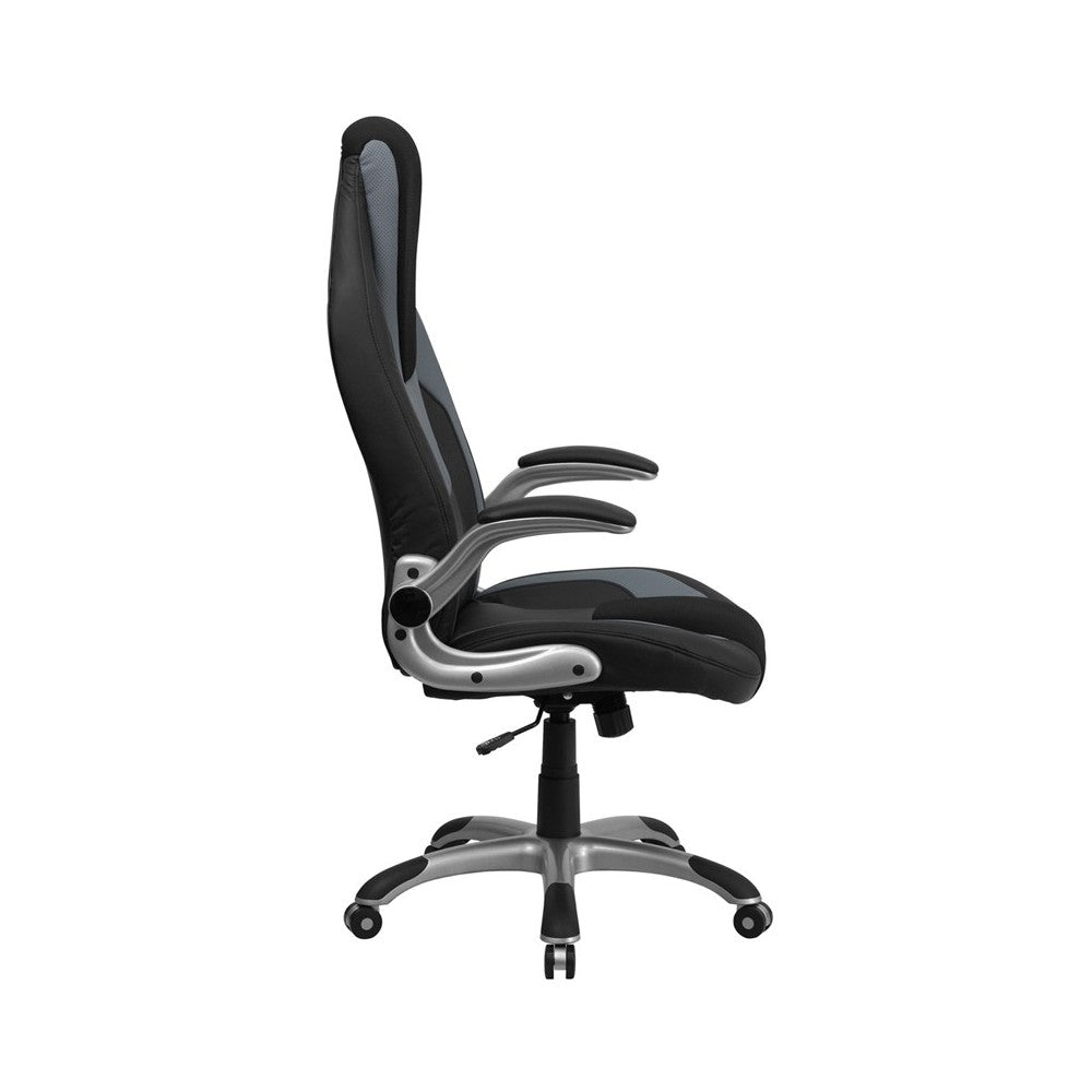 High Back Black and Gray Vinyl Executive Swivel Ergonomic Office Chair with Black Mesh Insets and Flip-Up Arms