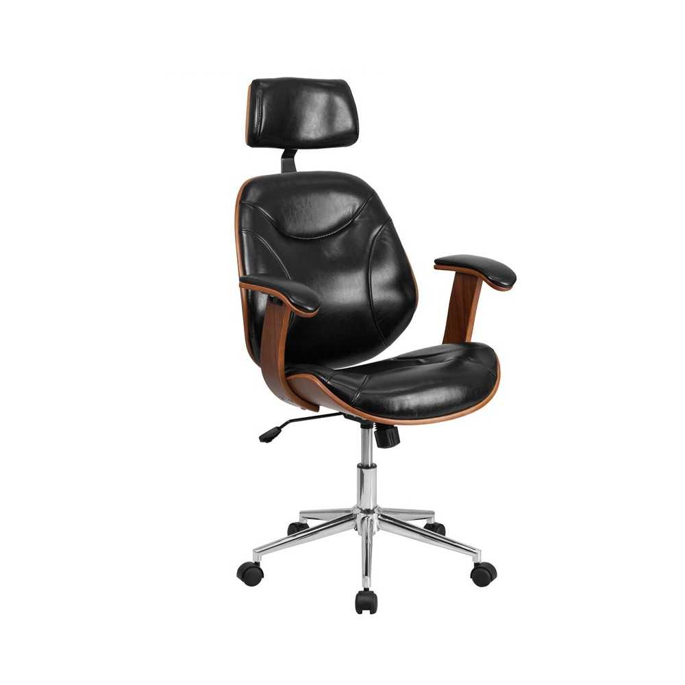 High Back Black LeatherSoft Executive Ergonomic Wood Swivel Office Chair with Arms
