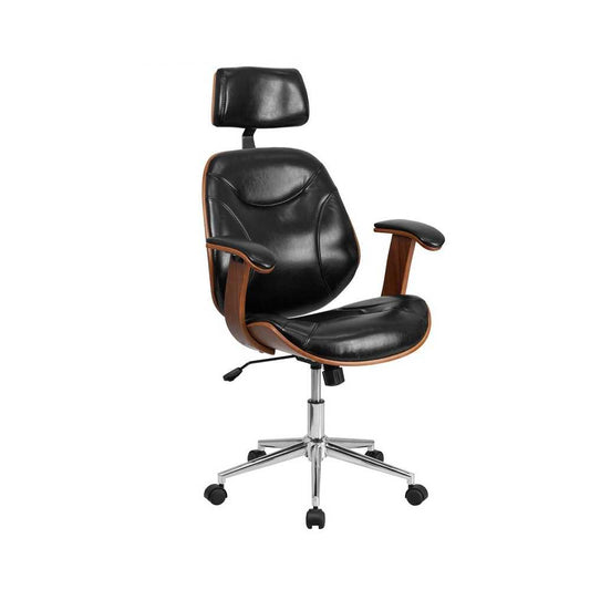 High Back Black LeatherSoft Executive Ergonomic Wood Swivel Office Chair with Arms