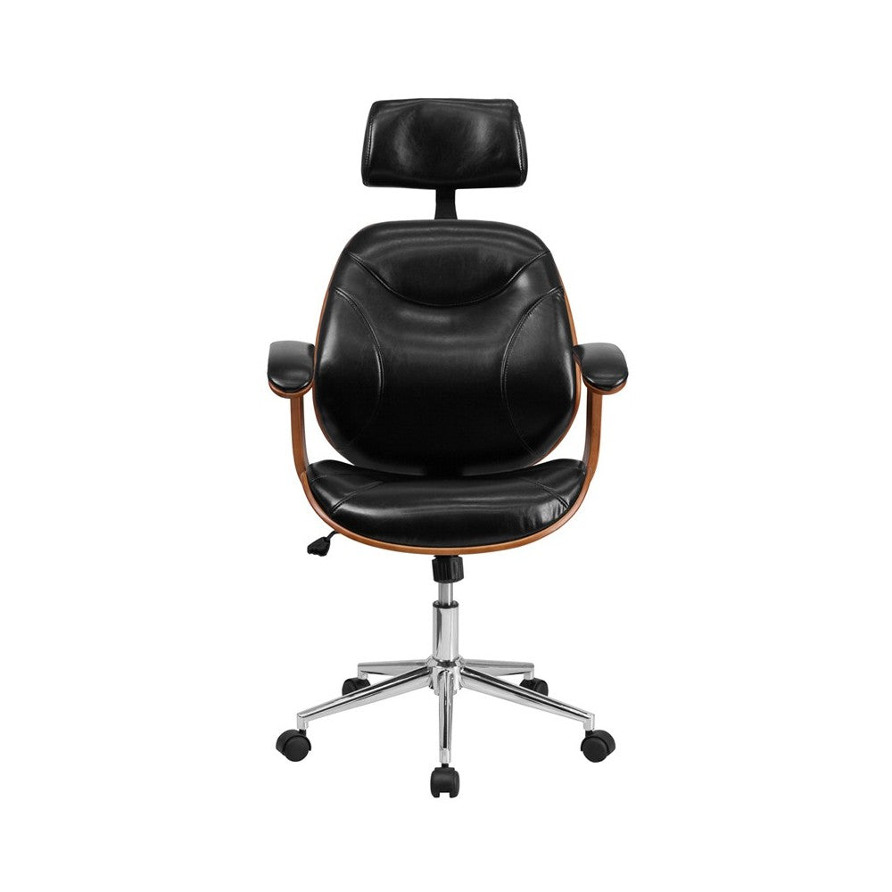 High Back Black LeatherSoft Executive Ergonomic Wood Swivel Office Chair with Arms