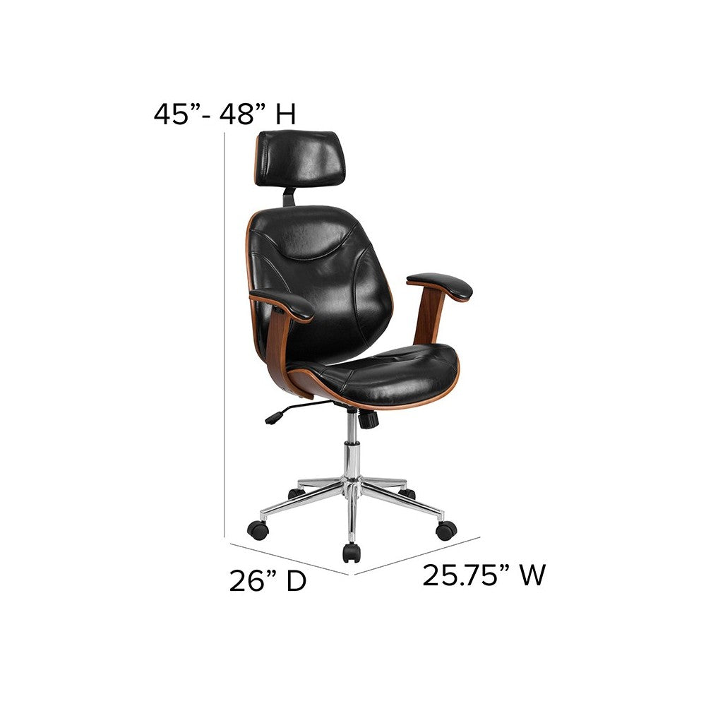 High Back Black LeatherSoft Executive Ergonomic Wood Swivel Office Chair with Arms